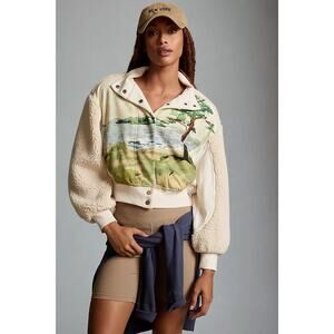 Anthropologie Daily Practice Faux Shearling Crop Jacket Landscape Graphic Sz XS